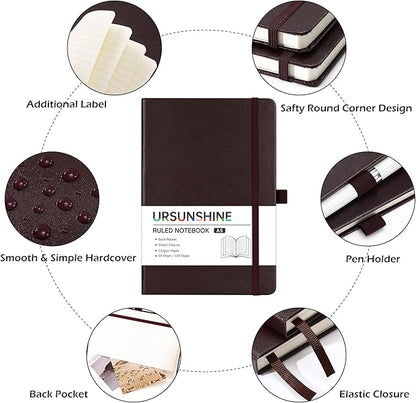 Ruled Notebook/Journal - Classic Lined Journal/Notebook, 5.3'' x 8.26'', Hardcover with Thick Paper, Banded + Pen Holder +Inner Pocket - Brown