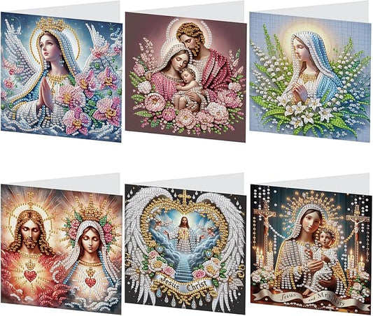 6 Pcs 5D Rhinestone Painting Greeting Cards Kits, Handmade Festival Greeting Cards with Envelopes Holographic Laser Effect DIY Diamond Art Crafts Birthday Cards for Birthdays Celebrations (Religion)