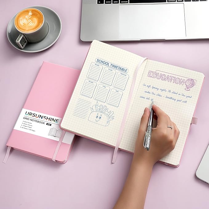 Graph Grid Paper Notebook/Journal - Classic Journal/Notebook with Ribbon Divider, Hardcover with Thick Paper, 5.3" x 8.26", Banded + Pen Holder +Inner Pocket - Pink