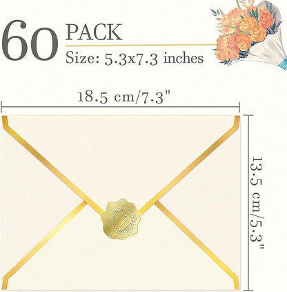 60 Pack Gold Envelopes 5x7 Bulk Beige, 250G Pearled Cardstock A7 Envelopes for Invitations Business Mailing Envelope with Gold Foil Border, A6 4x6 Envelopes for Wedding Baby Shower Cards