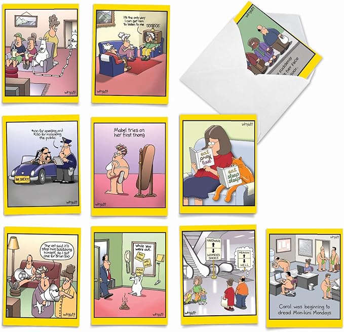The Best Card Company - Variety Pack of 10 Funny Assorted Blank All Occasions Notecards 4 x 5.12 Inch w/Envelopes - Cartoon Humor for Men, Women (10 Designs, 1 Each) - Wild for Whyatt M6463OCB