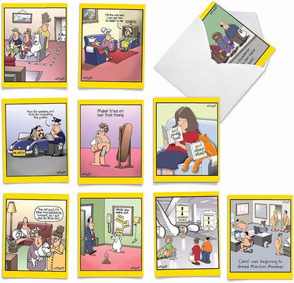 The Best Card Company - Variety Pack of 10 Funny Assorted Blank All Occasions Notecards 4 x 5.12 Inch w/Envelopes - Cartoon Humor for Men, Women (10 Designs, 1 Each) - Wild for Whyatt M6463OCB