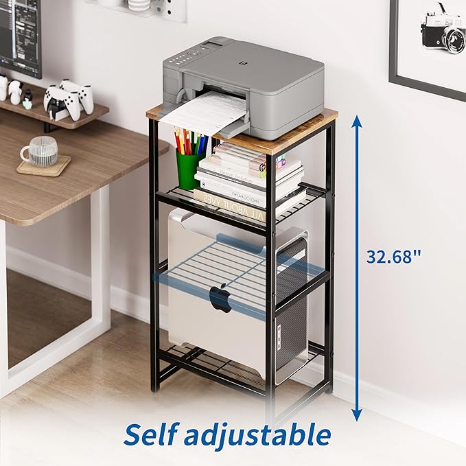 Printer Stand Holder 4 Tier - Heavy Duty Metal Shelving Unit for Printer Shelf Office Organizer, Industrial Printer Side Table with Wood Desk for Scanner Fax Machine, Bronze