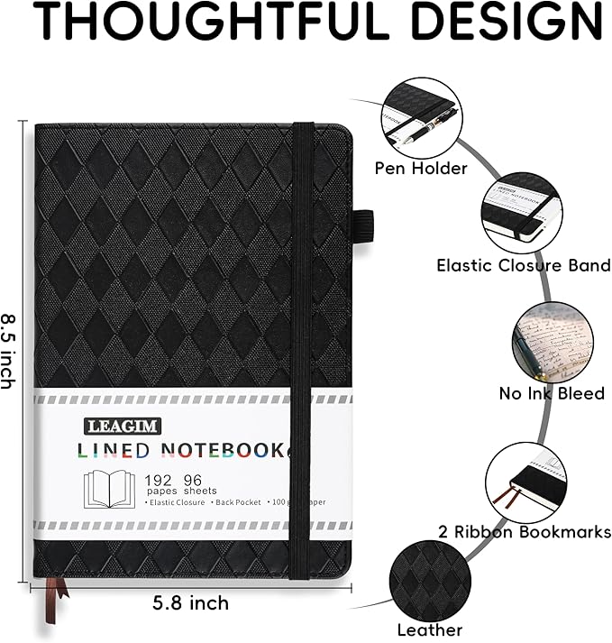 Lined Journal Notebook for Women Men, 192 Pages 100 GSM Thick Paper, Hardcover | Embossed Leather Journals for Writing, A5 College Ruled | Business, Work & School, 5.8"×8.5"(Black)