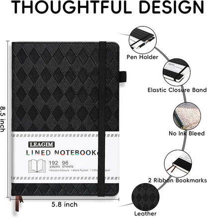 Lined Journal Notebook for Women Men, 192 Pages 100 GSM Thick Paper, Hardcover | Embossed Leather Journals for Writing, A5 College Ruled | Business, Work & School, 5.8"×8.5"(Black)
