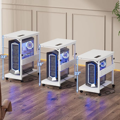 Computer Tower Stand with Power Strips, Height Adjustable PC Tower Stand/Cart with Wheels, Mobile Rolling CPU Holder, Computer Cart Side Stand for Computer Desk, 24", Carbon Fiber White