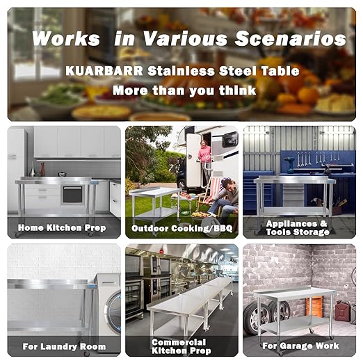 Stainless Steel Table for Prep & Work with Backsplash 24 x 48 Inches NSF Metal Commercial Kitchen Adjustable Under Shelf Worktable for Restaurant Home Outdoor