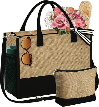 YOOLIFE Christmas Gifts for Women - Initial Jute Tote Bag & Makeup Bag, Birthday Gifts for Women Her Mom Teacher Friend