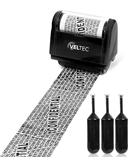 Veltec ID Protector Ink Roller - Identity Theft Protection Roller Stamp Set (Black, Stamp+3 Refills)