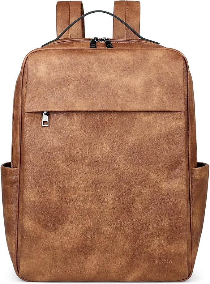 MASINTOR 15.6 inch PU Leather Laptop Backpack Purse for Women, Large College Casual Backpack Travel Bag Mocha Brown