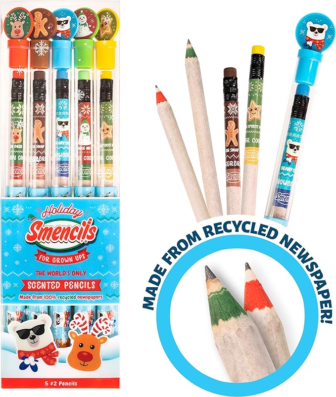 Holiday Smencils for Grown Ups - HB #2 Patented Gourmet Scented Fun Pencils, 5 Count - Stocking Stuffer, White Elephant Gifts for Adults, Office Supplies, Party Favors