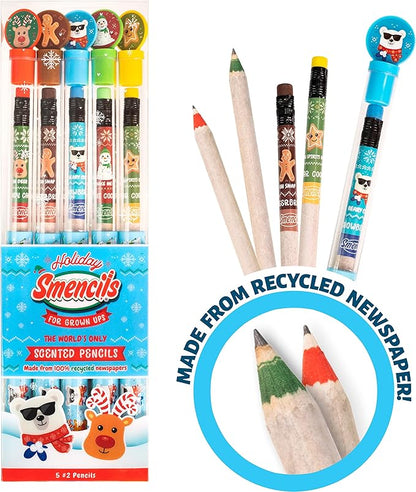 Holiday Smencils for Grown Ups - HB #2 Patented Gourmet Scented Fun Pencils, 5 Count - Stocking Stuffer, White Elephant Gifts for Adults, Office Supplies, Party Favors