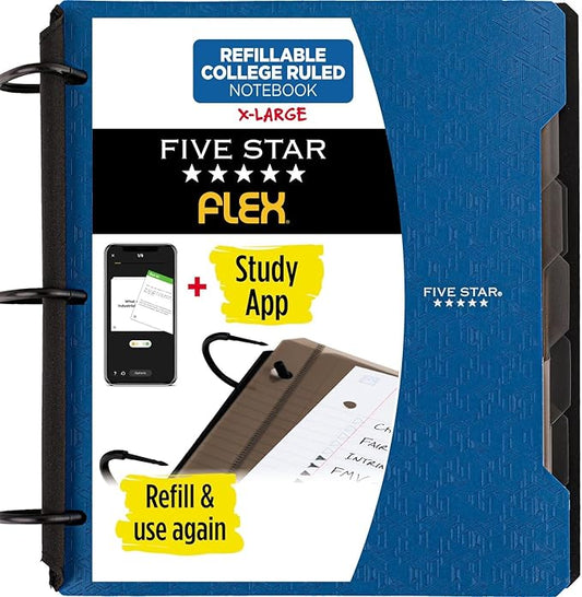Five Star Flex Refillable Notebook + Study App, College Ruled Paper, 1-1/2 Inch TechLock Rings, Pockets, Tabs and Dividers, 300 Sheet Capacity, Blue (29324AD2)