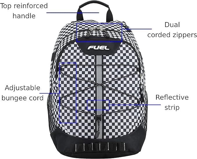 FUEL Hiking Checkered Black White Backpack for Women Men Terra Sport, Travel, College, Gym, Work with Laptop Sleeve, Bungee, 18 Inches