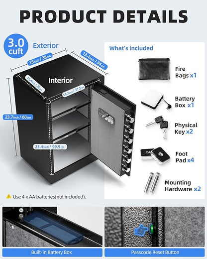 DAYI Safe Box, 3.0 Cubic Feet Home Safes with Fireproof Waterproof Bag, Security Safe for Money Cash Documents, Digital Keypad, Dual Alarm System, Removable Shelf - D-60