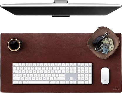 Elizo Leather Desk Mat Desk Pad Blotter Set - Real Full-Grain Leather (32x16) 2-Layer Genuine Desk Cover Protector & Large Mouse Pad | Computer Keyboard Desk Accessories for Office & Home Bourbon