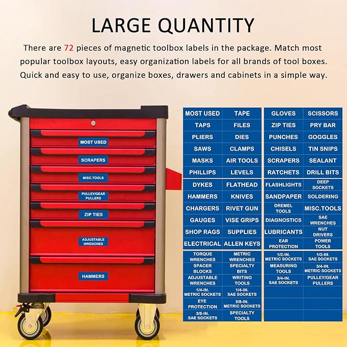Tool Box Organization Magnetic Labels,Tool Chest Organizer Labels with Strong Magnets,Easy to Read Printing - Fits All Brands of Steel Tool Box Drawers,Blue-(72 Pcs, 4 x 1 Inches)