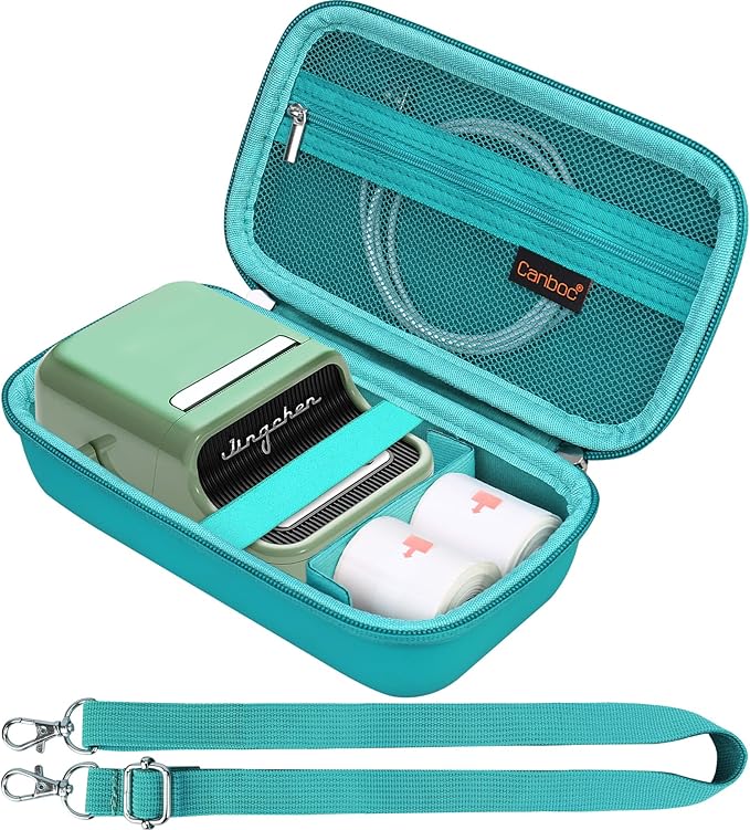 Canboc Carrying Case for NIIMBOT B21 Label Maker, Portable Bluetooth Thermal Label Printer Bag with Removable Shoulder Strap, Mesh Pocket fit Printer Labels, USB Cable, Turquoise (Case Only)
