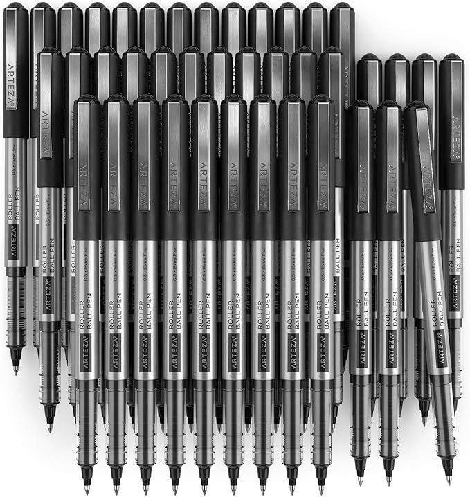 ARTEZA Rollerball Pens, Pack of 40, 0.5mm Black Liquid Ink Pens for Bullet Journaling, Fine Point Rollerball, Office Supplies for Writing, Taking Notes & Sketching
