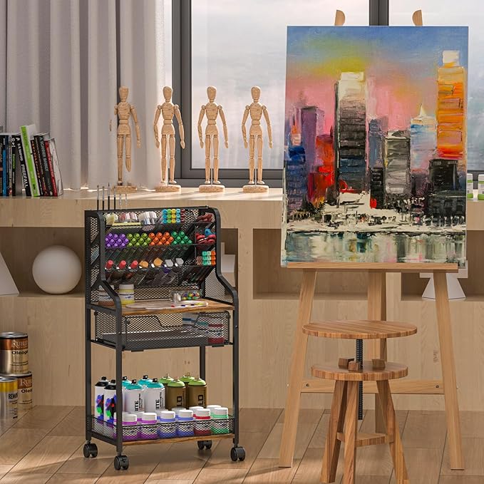 Small Rolling Utility Cart with Drawer, Metal Craft Storage Cart with Lockable Wheels, Versatile Art Cart with 6 Tiers & Removable Dividers for Drawing Room, Store Paints & Artifacts (Patent Pending)