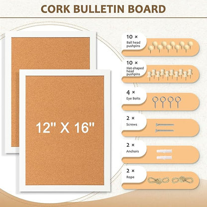 2-Pack Double-Sided Cork Board, 16" x 12" Hanging Wood Framed Small Bulletin Board, Picture Display Vision Board Kit Corkboards for Wall Room School Office Decor, 20 Pushpins (Vintage White)