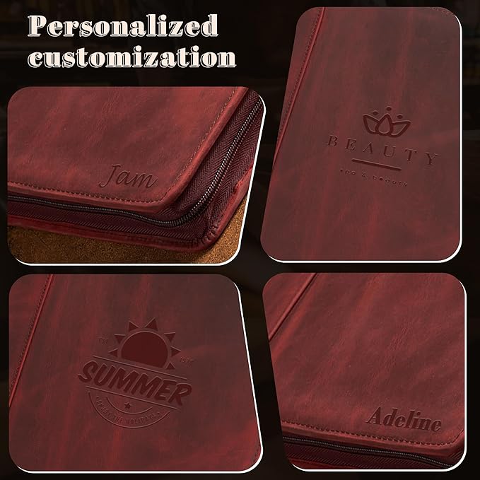 Free Engraved Name, Personalized Leather Binder Portfolio, 3 Ring Binder Business Portfolio for Women, Zippered Padfolio with A4 Clipboard, Organizer for A4 Legal Sized Notepad, Customized Gift, Red