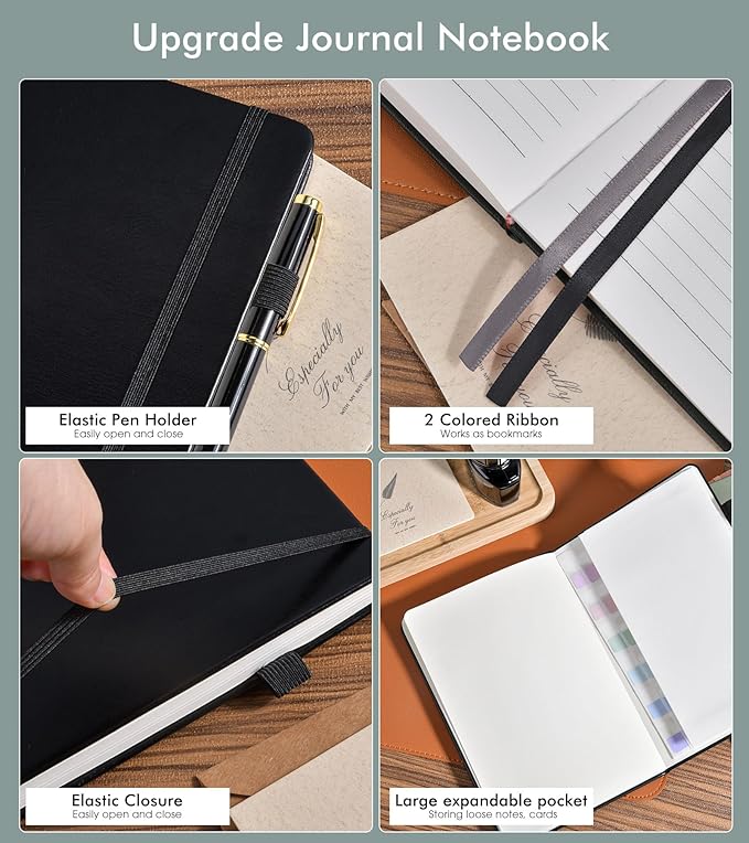 Lined Journal Notebook for Men Women, 200 Numbered Pages Leather Hardcover Journal with Pen, A5 Journaling Notebooks, Thick Paper College Ruled Journals for Writing Work Business 5.75'' X 8.38'' Black