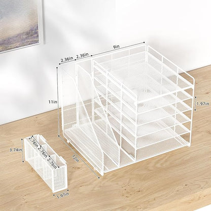 Desk Organizer, 6 Tier File Organizer Paper Tray with File Holder Pen Holder, Mesh Office Desk Accessories & Workspace Organizers (White)