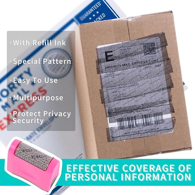 Identity Theft Protection Roller Stamp - Wide Confidential Roller Stamp with 3 Pack Refill Inks for Anti Theft Protection, Confidential Privacy Security, Address Blocker (Rose Pink)