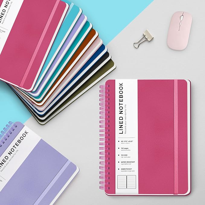 Raspberry Lined Spiral Journal Notebook with 160 Pages, 8×5.7in, A5 Spiral Notebook, Journaling Notebooks for Work, School, Women, Men, College Ruled Spiral Notebook, Hardcover Leather Journals