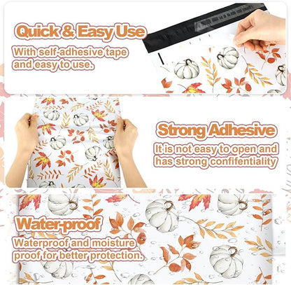 100Pcs Fall Poly Mailers 10 x 13 Inch Pumpkin Leaves Autumn Mailing Bags Thanksgiving White Orange Self-Sealing Plastic Packaging Envelopes Bags Shipping Bags for Small Business Clothing