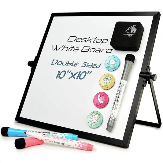 Small Dry Erase White Board 10"X10"- Desktop Whiteboard Black Frame with Stand, 3 Markers, 4 Magnets & Eraser - Double-Sided Portable Mini to Do List White Board for Office Desk, Kids Home School
