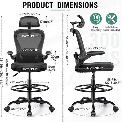 Drafting Chair, Tall Office Chair with 3D Lumbar & Head Support, Ergonomic Mesh Standing Desk Chair with Footring, Comfy Extended High Desk Chair with Flip-Up Arms & Hanger (Black)