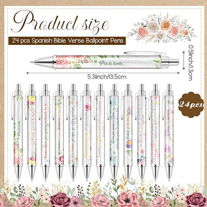 24 Pcs Spanish Christian Pens Regalos Cristianos En Español Bible Verse Ballpoint Pens with Inspirational Quote Spanish Christian Gifts for Religious Church Office School(Flower)