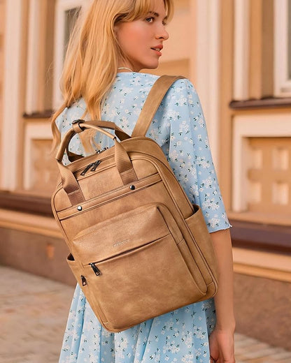 MASINTOR Leather Laptop Backpack for Women, Stylish Computer Backpack College Business Work Shoulder Bags Work and Travel Retro Camel