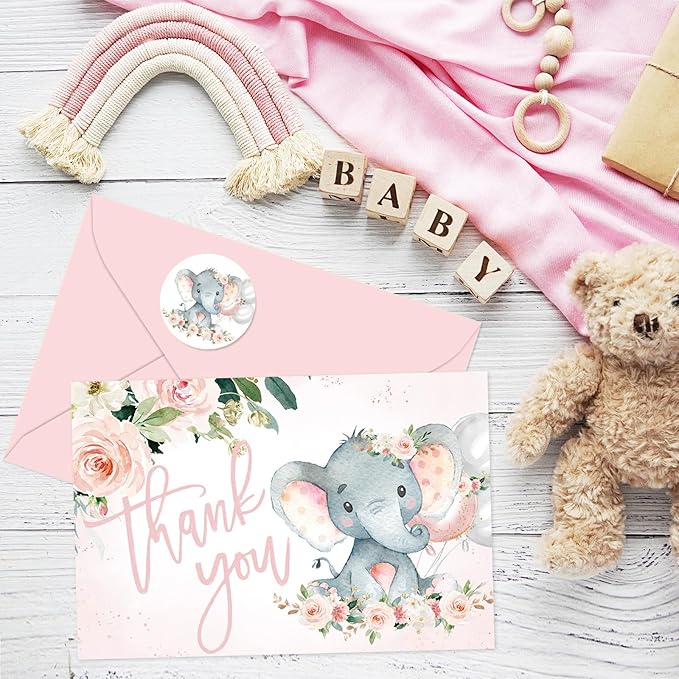 Whaline 24 Pack Baby Shower Thank You Cards Elephant Flower Greeting Cards with Envelopes Stickers Pink Floral Animal Blank Note Cards for Birthday Party Invitation Supplies, 4 x 6 Inch