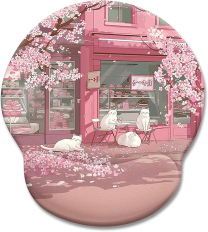 Cat Ergonomic Mouse Pad with Wrist Rest, Pink Cherry Blossom Computer Mouse Pad Wrist Support with Non-Slip Pain Relief PU Base, Cute Office Desk Decor Accessories Japanese Dessert House