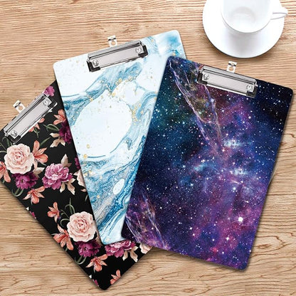 Clipboard Decorative, Clipboard Cute, WAVEYU A4 Letter Size Clip Board Pattern with Low Profile Clip, Retractable Key Hole for Hanging Paperboard for Office School Supplies, Nebula Black (12.5"x9")
