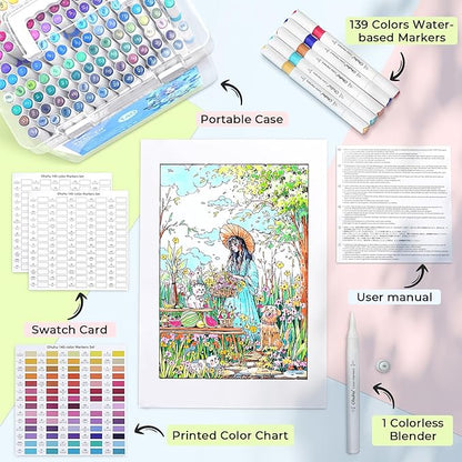 Ohuhu Markers for Adult Coloring Books No bleeding 140 Colors Water-based Coloring Markers Dual Tips Chisel & Brush Drawing Pens Art Markers for Kids Adults Beginners Lettering Journaling