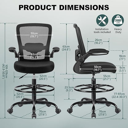 FelixKing Drafting Chair Ergonomic Tall Office Chair, Breathable Mesh Chair with Adjustable Footrest Ring Lumbar Support Flip-up Armrests, High Back Executive Comfy Task Computer Chair for Home Office