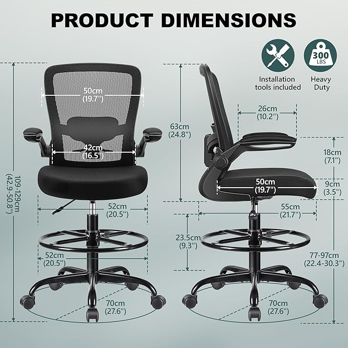 FelixKing Drafting Chair Ergonomic Tall Office Chair, Breathable Mesh Chair with Adjustable Footrest Ring Lumbar Support Flip-up Armrests, High Back Executive Comfy Task Computer Chair for Home Office