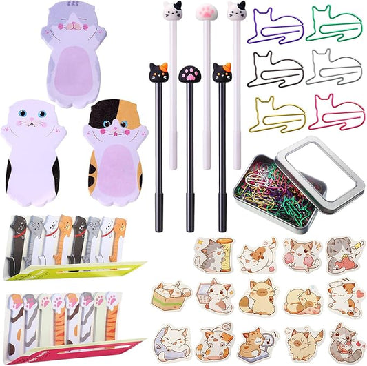 Outus Cat Office Supplies Cute Sticky Notes Paper Clips Gel Ink Pens Cartoon Stickers Party Favor for Cat Lovers Stationery School Office Supplies Desk Accessories(Funny Style)