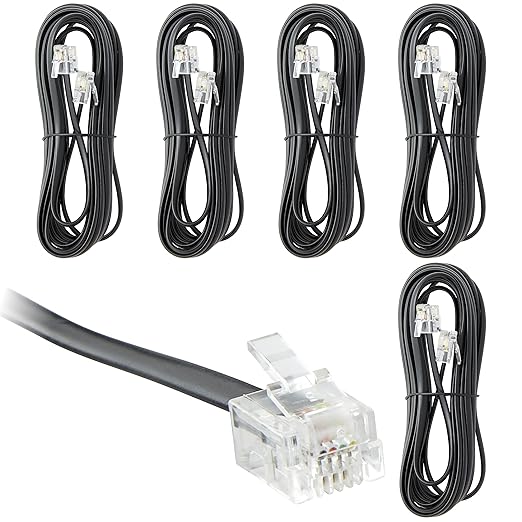 Newhouse Hardware 15 ft Telephone Extension Cord, with RJ11 (6P4C) Connectors, Works with Telephones, Fax Machines, Modems, 5-Pack, Black