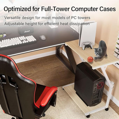 Computer Tower Cart - Height Adjustable PC Stand, 2-Tier ATX-Case CPU Holder Home Office Gaming Desk Accessories with Rolling Lockable Wheels, Laptop Table Standing Computer Desk, Natural White