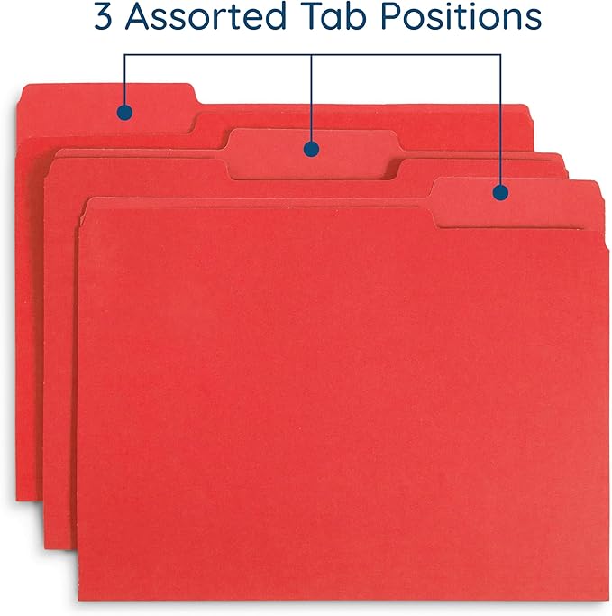 200 Blue Summit Supplies Red File Folders with 1/3 Cut Tabs, Letter Size, Durable 11pt Paper, Uncoated Red Paper, Colorful Red Folders for Office and Home Organization