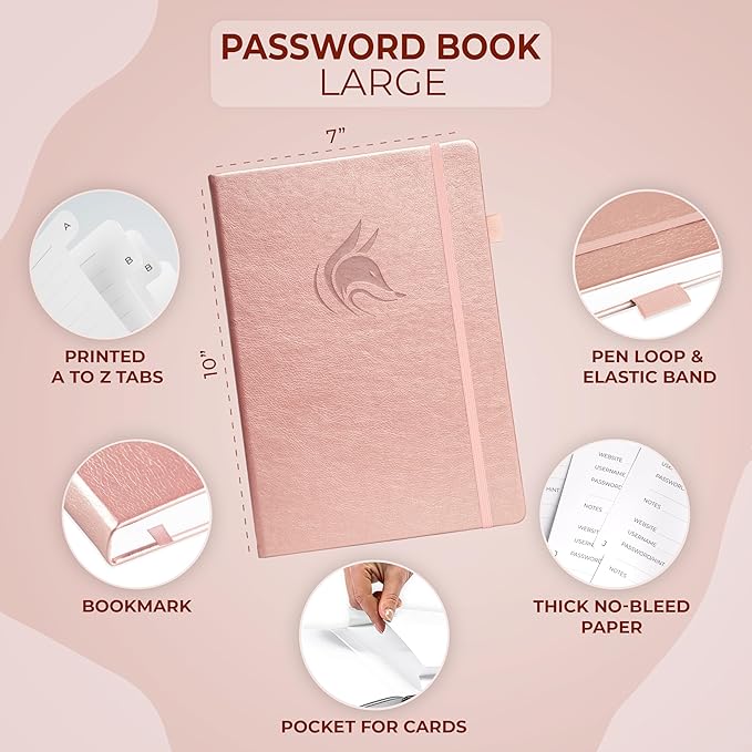 Clever Fox Password Book with Alphabetical tabs. Internet Address Organizer Logbook. Large Password Keeper for Website Logins (Rose Gold)