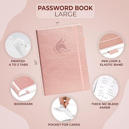 Clever Fox Password Book with Alphabetical tabs. Internet Address Organizer Logbook. Large Password Keeper for Website Logins (Rose Gold)