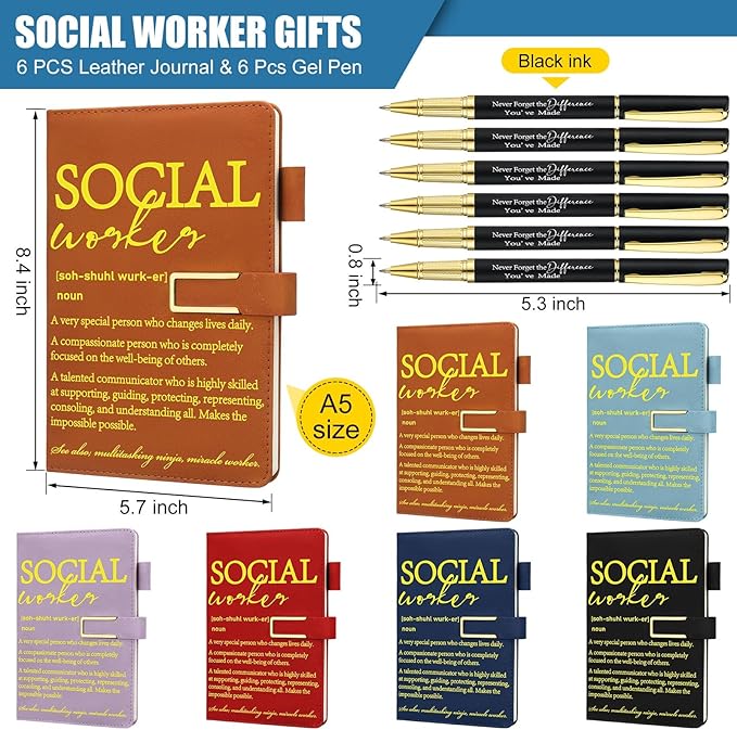 Chuangdi 6 Sets Social Worker Appreciation Gift Bulk A5 Leather Journal Notebook with Metal Buckle Ballpoint Pen Thank You Inspiration Gift for School Social Worker Graduation Nursing Volunteer BSW