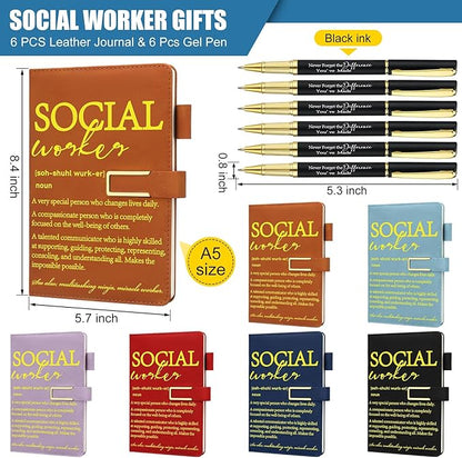 Chuangdi 6 Sets Social Worker Appreciation Gift Bulk A5 Leather Journal Notebook with Metal Buckle Ballpoint Pen Thank You Inspiration Gift for School Social Worker Graduation Nursing Volunteer BSW