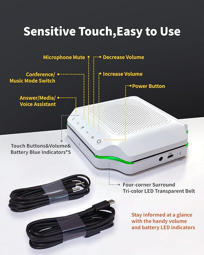 KURO CSP-102 Bluetooth AI Speakerphone Conference Speaker and Microphone with AI Noise Cancellation Long Coverage 360 Degree Voice Pickup Wireless Office Mic for Zoom Meeting Skype Teams White